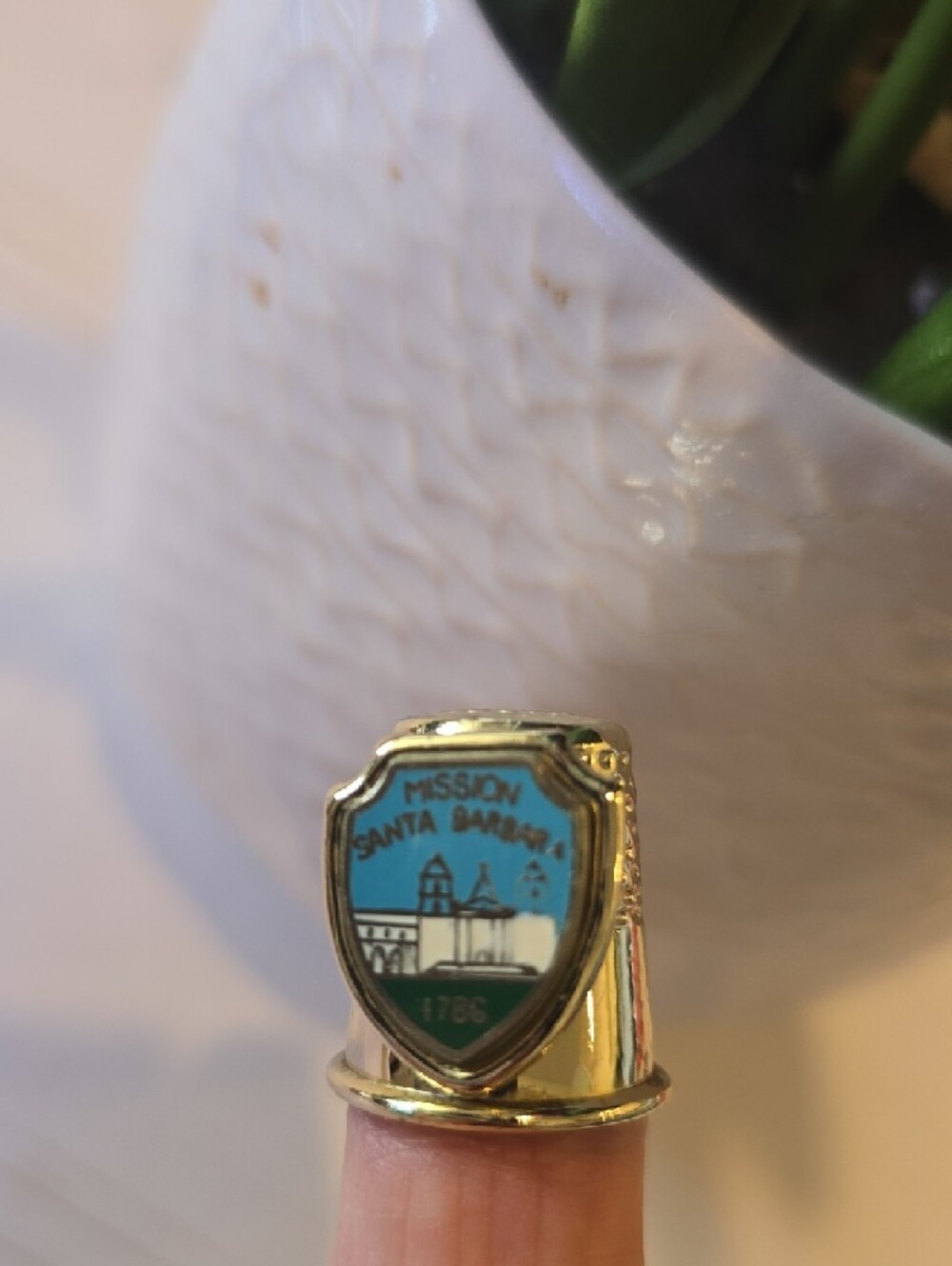 Mission Santa Barbara Goldtone Thimble with Blue Enamel Shield
